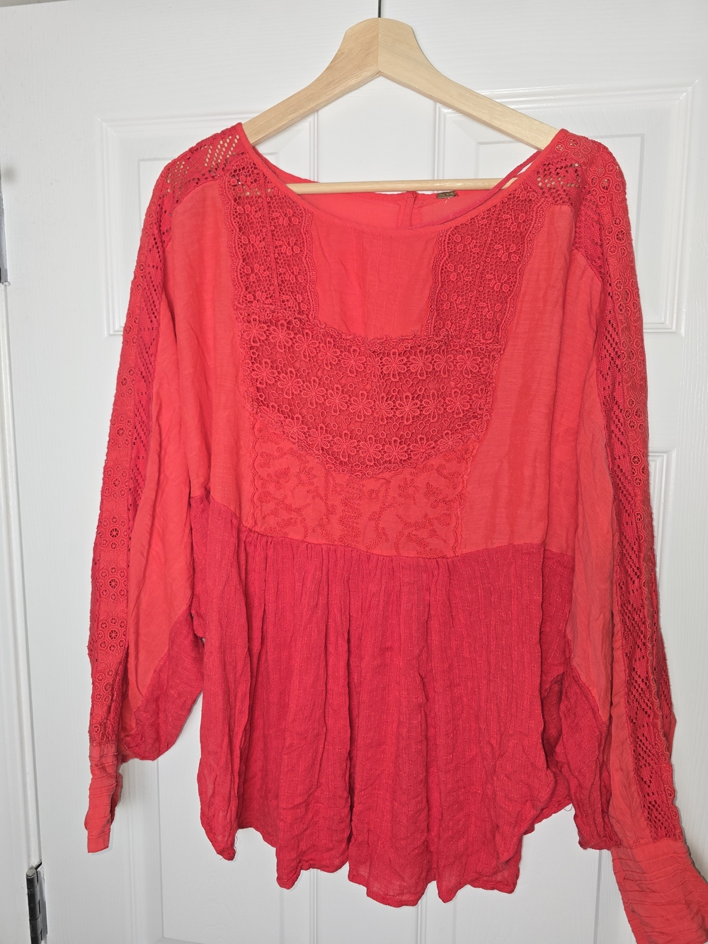 Free People Women's Boho Embroidered Red Tunic Top Size Large